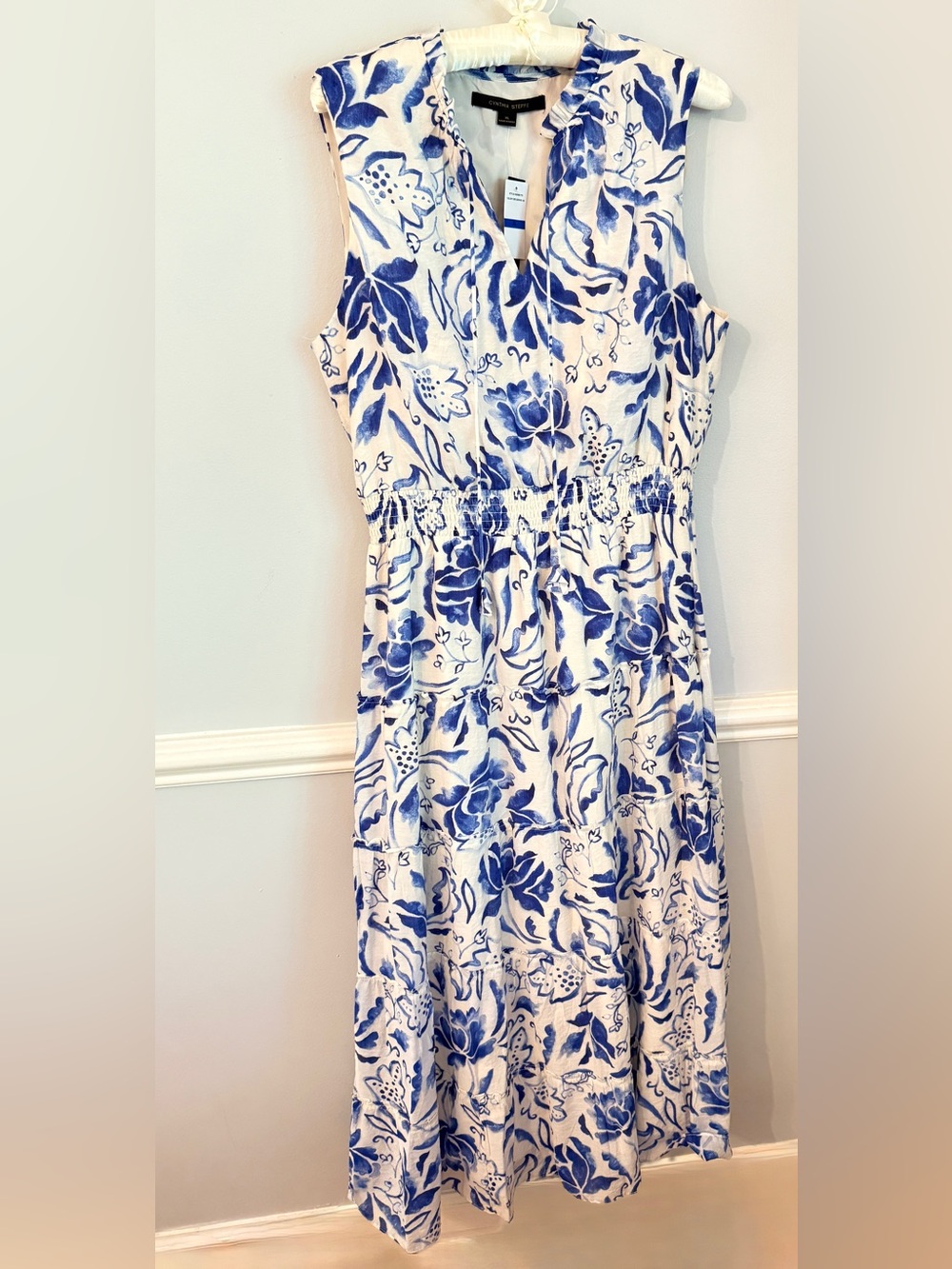 Cynthia Steffe NWT Blue White Floral Sleeveless Smocked Waist Midi Dress XL